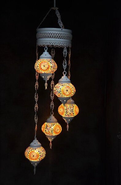 Lampada a sospensione in vetro colorato con 5 sfere a mosaico in stile orientale, lampada da soffitto marocchina, 120 cm