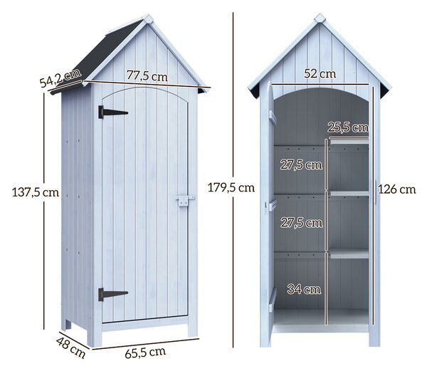 Outsunny Casetta Porta Attrezzi in Legno a 3 Mensole con Tetto Impermeabile in Bitume, 77.5x54.2x179.5 cm, Bianco | Aosom Italy