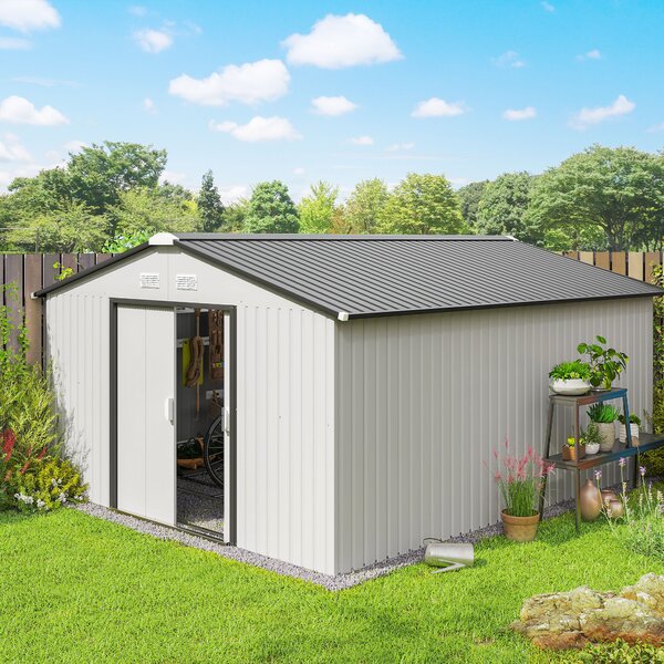Outsunny Casetta da Giardino 3.4x3.8x2 m in Acciaio con Doppia Porta Scorrevole e Tetto Inclinato, Argento | Aosom Italy