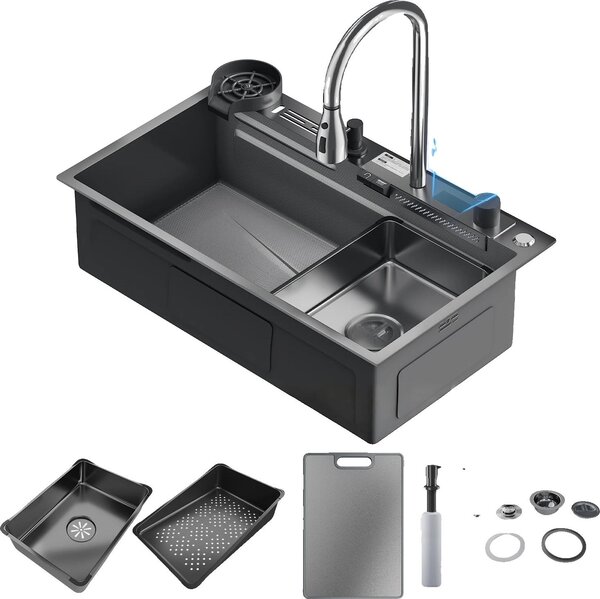 Lavello, rubinetto con display digitale, struttura in acciaio inox, 75*45