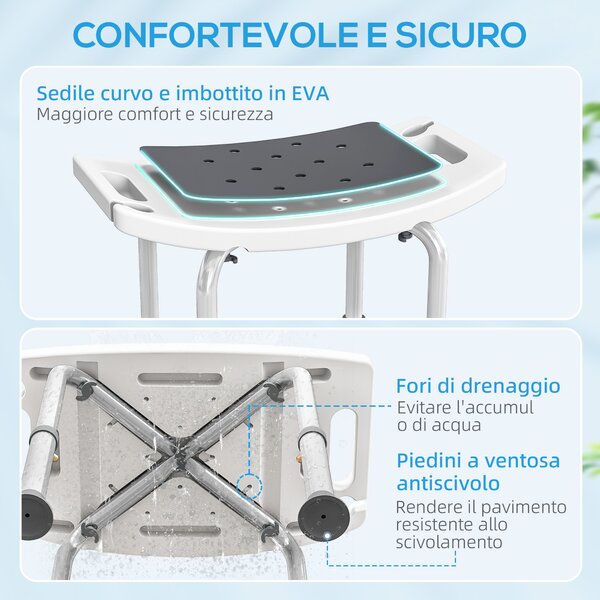 HOMCOM Sgabello da Doccia in Lega di Alluminio e Plastica Antiscivolo, Altezza Regolabile 6 Livelli 39-52cm, Grigio | Aosom Italy