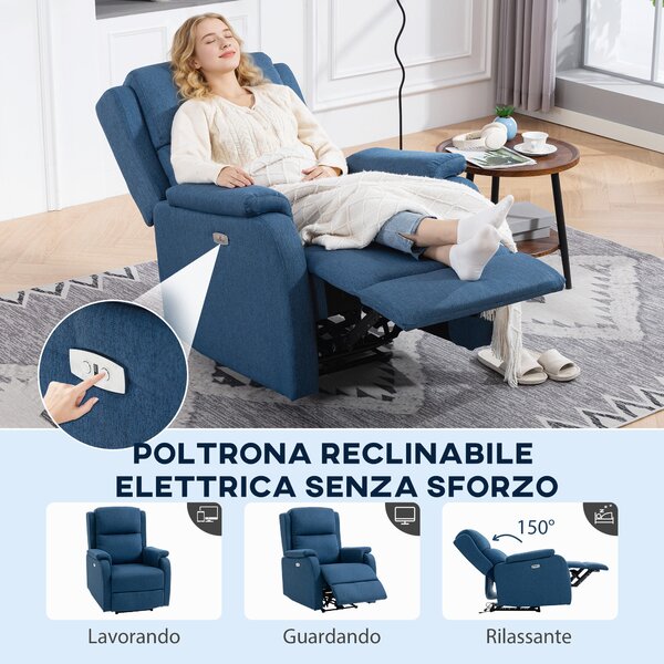 HOMCOM Poltrona Elettrica con Poggiapiedi e USB, Schienale spesso e braccioli, Sedia in Tessuto Lino, 79x90x106 cm, Grigio Scuro | Aosom Italy