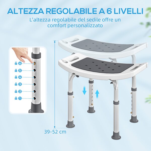 HOMCOM Sgabello da Doccia in Lega di Alluminio e Plastica Antiscivolo, Altezza Regolabile 6 Livelli 39-52cm, Grigio | Aosom Italy