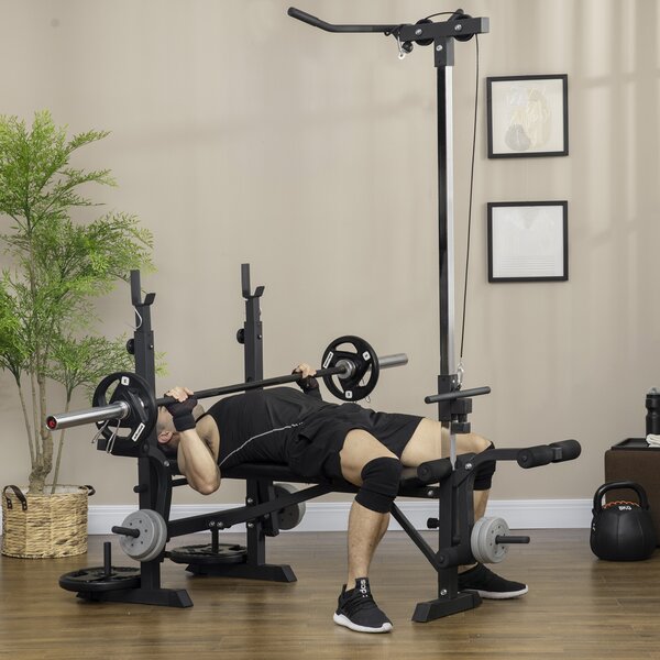 HOMCOM Panca Fitness con Leg Press, Squat Rack e Leg Extension, in Acciaio e PU, 180x134x200 cm, Nero e Argento | Aosom Italy