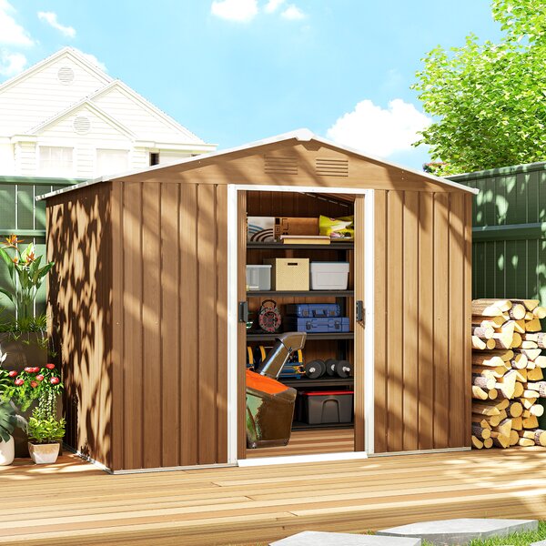 Outsunny Capanno Porta Attrezzi da Giardino con Porte Scorrevoli, Casetta in Lamiera di Acciaio, 236x174x190 cm, Marrone | Aosom Italy