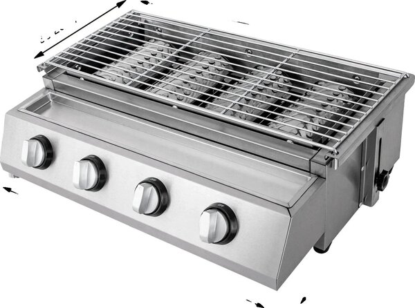 Barbecue a gas, 4 bruciatori, struttura in acciaio inox, grigio chiaro