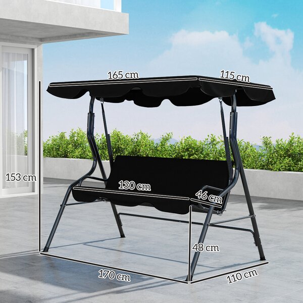 Outsunny Dondolo 3 Posti con Tettuccio Regolabile e Cuscini, in Acciaio e Poliestere, 170x110x153 cm, Nero | Aosom Italy