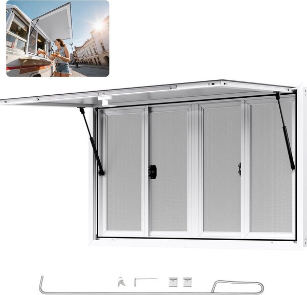 Finestra per snack bar e concessioni - Finestra di servizio/distribuzione per rimorchi e furgoni snack bar - Dimensioni di installazione 134,6 x 83,8 cm - Orientabile - Angolo di apertura 85° - 4 finestre scorrevoli