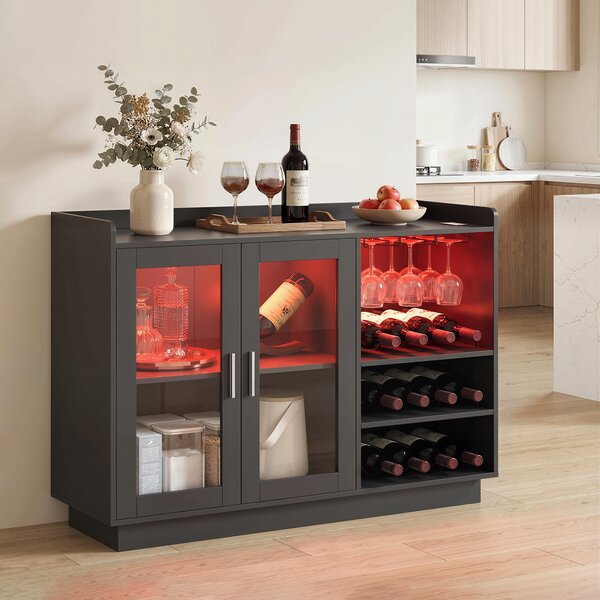 HOMCOM Mobile Portabottiglie con Luce LED e Scaffale Regolabile, in Legno e Vetro, 120x38x88 cm, Nero | Aosom Italy