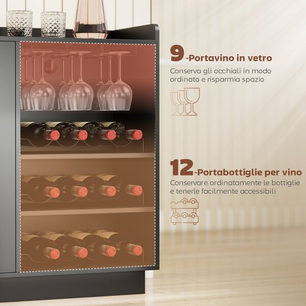 HOMCOM Mobile Portabottiglie con Luce LED e Scaffale Regolabile, in Legno e Vetro, 120x38x88 cm, Nero | Aosom Italy