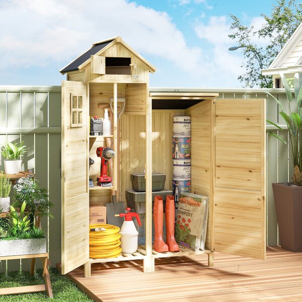 Outsunny Capanno per Attrezzi a 2 Zone con Ripiani Regolabili e Finestra, in Legno di Abete, 106x57x167 cm, Color Legno | Aosom Italy