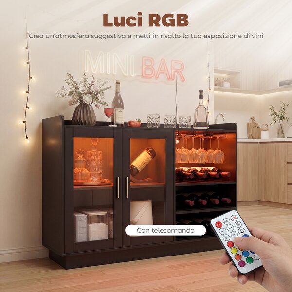 HOMCOM Mobile Portabottiglie con Luce LED e Scaffale Regolabile, in Legno e Vetro, 120x38x88 cm, Nero | Aosom Italy