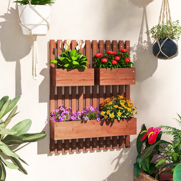 Outsunny Fioriera Verticale a Doghe da esterno con 3 Vasi Rimovibili, in Legno di Abete, 60x16x80 cm, Marrone | Aosom Italy