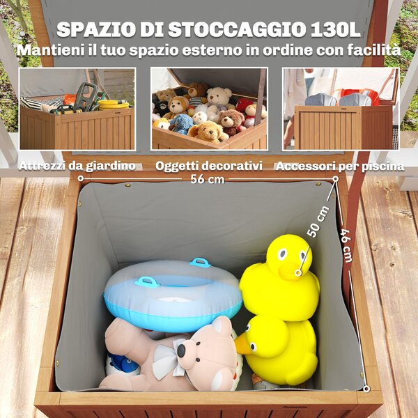 Outsunny Cassapanca da Esterno 130L con Coperchio Cerniere e Cinghia, in Legno, 63x51x58.5 cm, Marrone | Aosom Italy