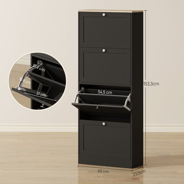 HOMCOM Scarpiera Salvaspazio a 4 Cassetti con Ripiani Regolabili su 2 Livelli, 60x23.5x153.3 cm, Nero | Aosom Italy