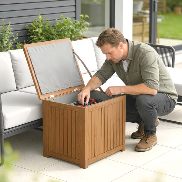 Outsunny Cassapanca da Esterno 130L con Coperchio Cerniere e Cinghia, in Legno, 63x51x58.5 cm, Marrone | Aosom Italy