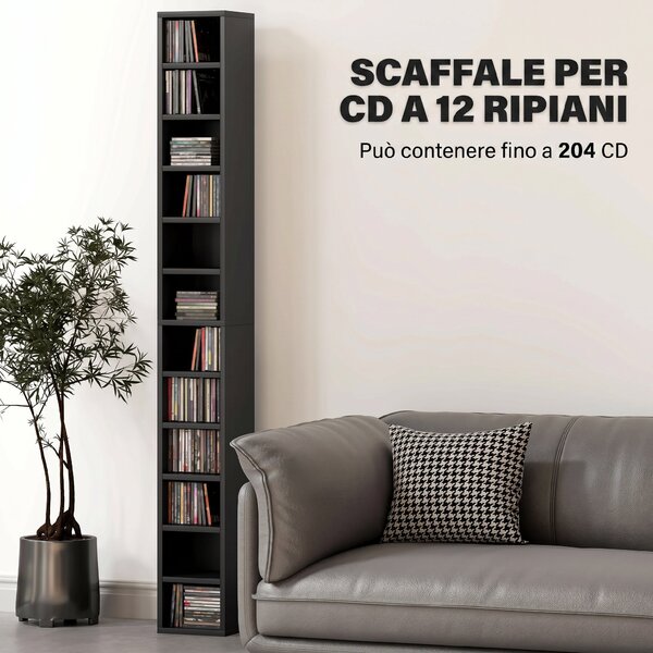 HOMCOM Mobile Libreria Porta CD a 12 Ripiani per 204 CD, in MDF e Truciolato, 21x20x175 cm, Nero | Aosom Italy