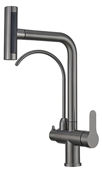 Rubinetto da cucina girevole a 360°, doppio supporto, acqua calda e fredda, acciaio inox, grigio canna di fucile