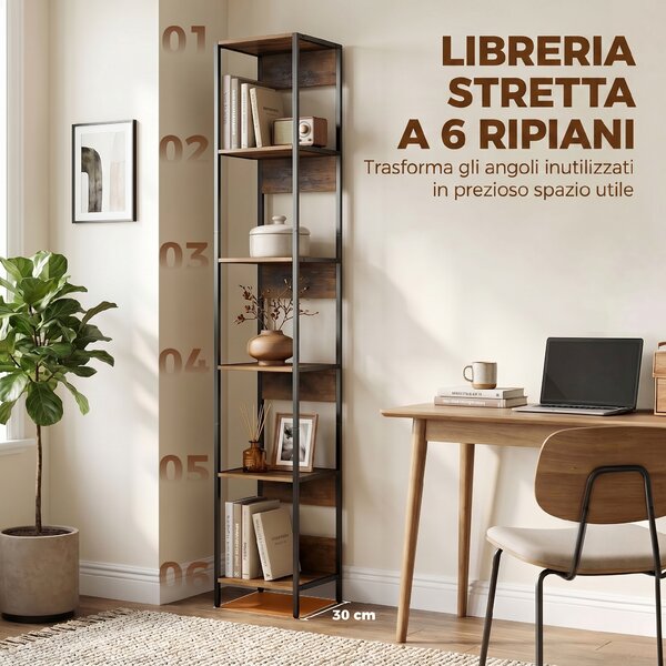 HOMCOM Libreria a 6 Ripiani, Finitura in Legno Marrone | Aosom Italy