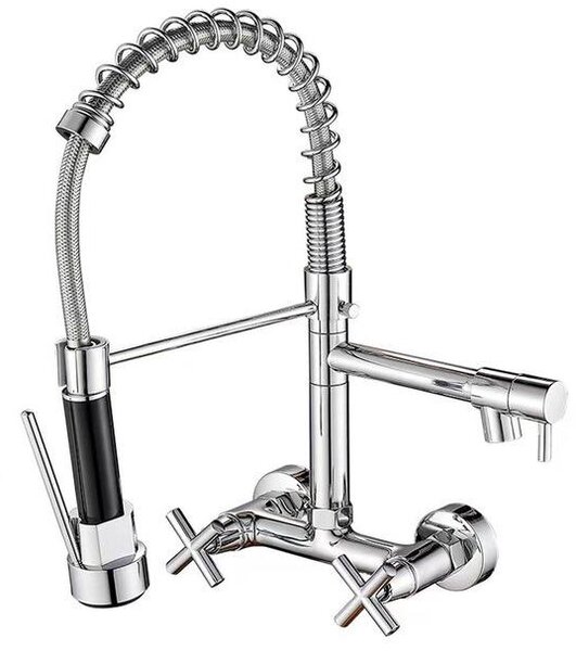 Rubinetto da cucina per montaggio a parete - 8 pollici, doccetta estraibile, 2 bracci, comando monocomando, curvo verso l'alto, cromato