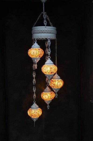 Lampada a sospensione in vetro marrone con mosaico colorato, 5 sfere, lampada da soffitto orientale marocchina, 120 cm