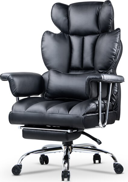 Sedia da ufficio con poggiapiedi - Sedia da ufficio ergonomica con cuscino lombare - Sedia da ufficio grande in Finto cuoio con schienale alto - nero