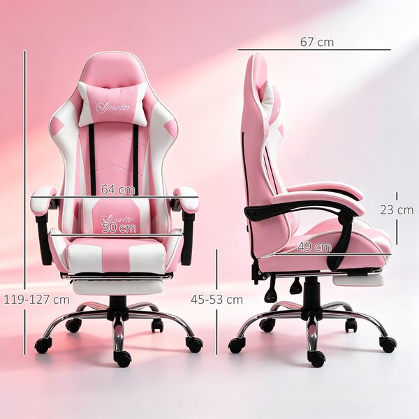 Vinsetto Sedia Gaming Ergonomica Reclinabile con Poggiatesta, Cuscino Lombare, Altezza Regolabile, Rosa e Bianco | Aosom Italy