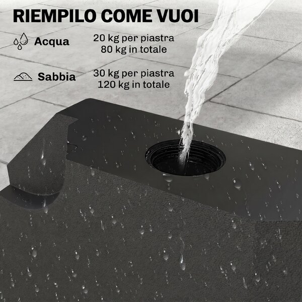 Outsunny Base per Ombrellone a Braccio da 4 Pezzi Riempibile con Acqua o Sabbia per Basi a Croce da 100x100cm, Nero|Aosom