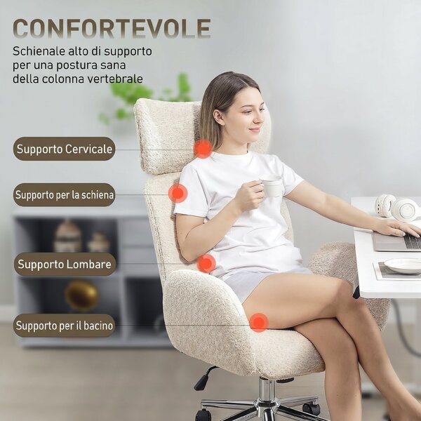 HOMCOM Sedia Ufficio Girevole in Bouclé con Poggiatesta. Altezza Regolabili, Funzione Dondolo, Grigio Chiaro-Bianco | Aosom Italy