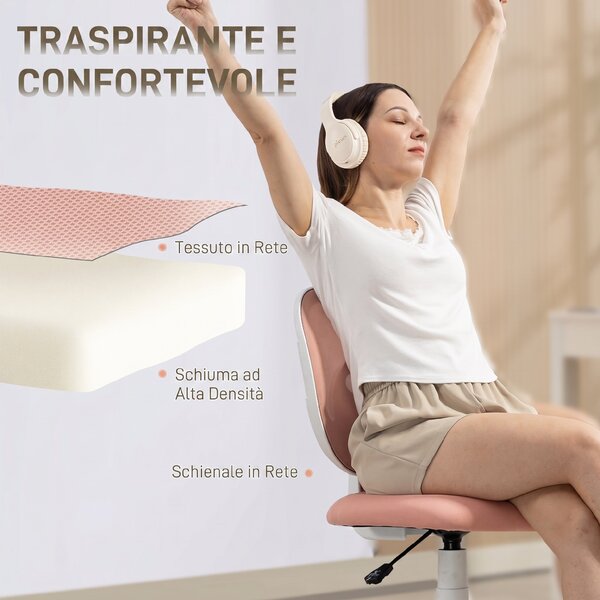 HOMCOM Sedia da Ufficio Ergonomica Girevole in Tessuto a Rete Traspirante Senza Braccioli, Altezza Regolabile, Rosa | Aosom Italy