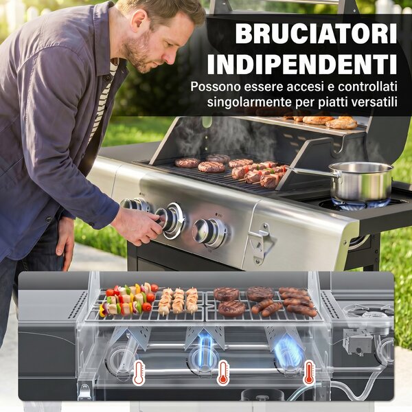Outsunny Gas BBQ, 3 Burners, Side Burner, Cast Iron Grills, Side Tables Included. | Aosom Italy