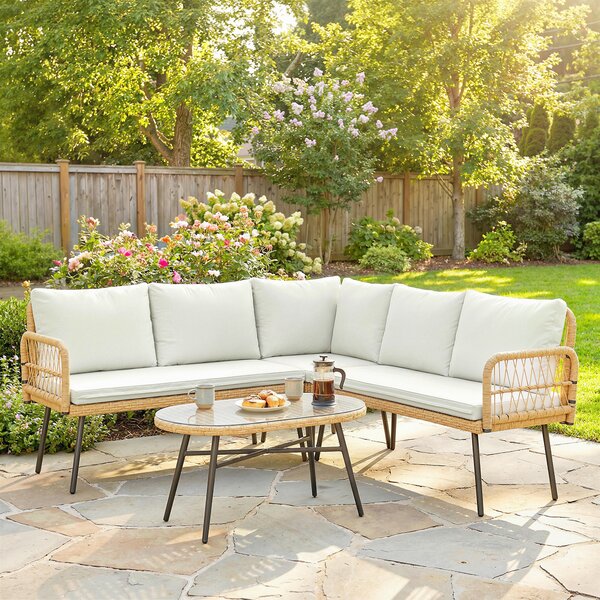 Outsunny Set Salotto da Giardino Salottino 4 Pezzi ad L Naturale/Crema | Aosom Italy