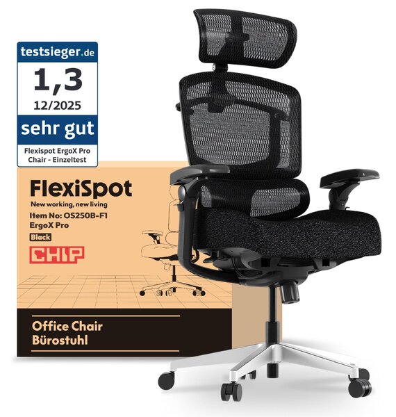 FLEXISPOT ErgoX Pro Sedia ergonomica per ufficio regolabile in altezza in 12 posizioni 7D braccioli 5D supporto lombare 4D poggiatesta Capacità di carico 250 kg Schiuma Nero