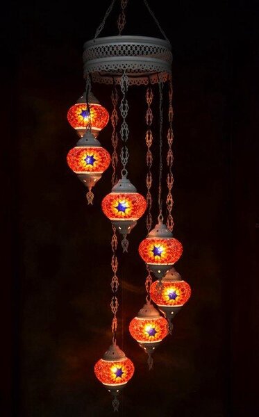 Lampada a sospensione in vetro con mosaico colorato, lampadario orientale, bianco crema, 7 sfere di vetro, realizzato a mano in Turchia