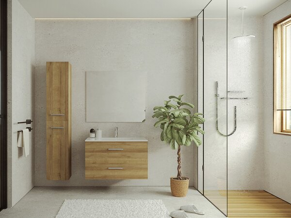 Mobile bagno sospeso con lavabo singolo e colonna portaoggetti 80 cm Naturale Chiaro - KAYLA