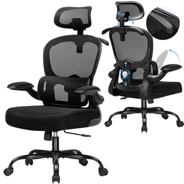 COMHOMA Sedia ergonomica per ufficio, sedia da scrivania con poggiatesta 3D e supporto lombare, design con appendiabiti integrato, bracciolo ribaltabile, 150 kg