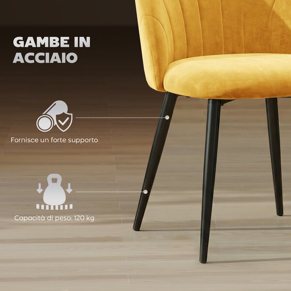 HOMCOM Set 2 Sedie da Pranzo Imbottite con Schienale a Conchiglia in Velluto, 52x55x79 cm, Giallo | Aosom Italy