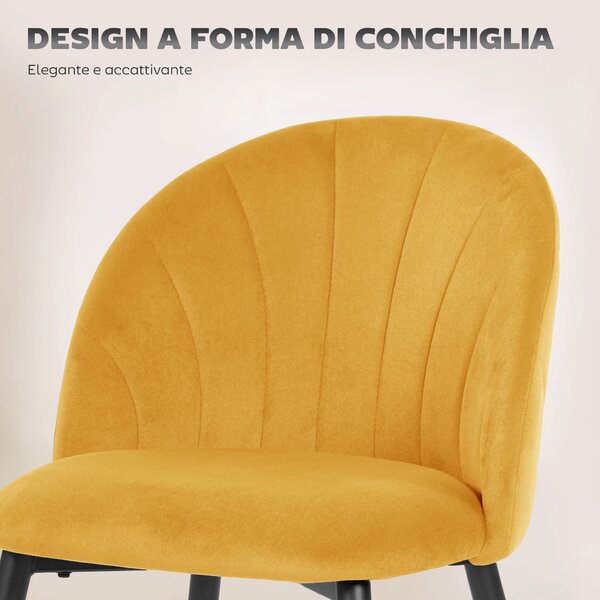 HOMCOM Set 2 Sedie da Pranzo Imbottite con Schienale a Conchiglia in Velluto, 52x55x79 cm, Giallo | Aosom Italy