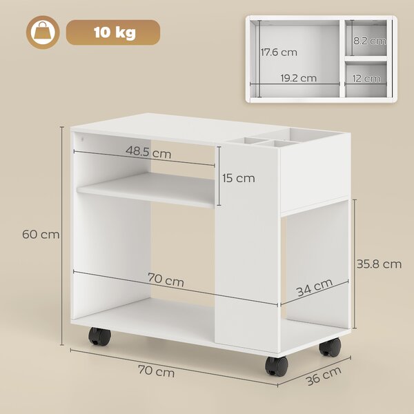 HOMCOM Tavolino da Salotto con Ruote, Vani Aperti, Ripiano e Scomparto, 70x36x60 cm, Bianco | Aosom Italy