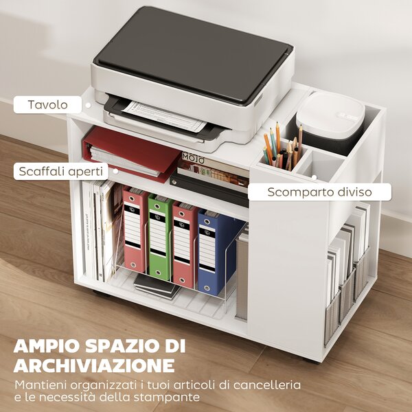 HOMCOM Tavolino da Salotto con Ruote, Vani Aperti, Ripiano e Scomparto, 70x36x60 cm, Bianco | Aosom Italy