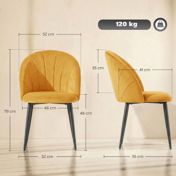 HOMCOM Set 2 Sedie da Pranzo Imbottite con Schienale a Conchiglia in Velluto, 52x55x79 cm, Giallo | Aosom Italy