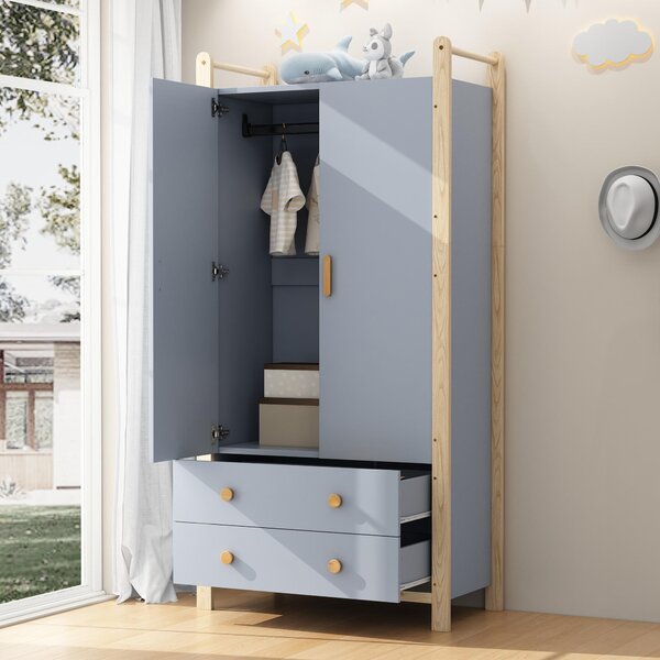 Okwish Armadio a due ante, armadio in truciolato, armadio con asta appendiabiti, armadio da ingresso con 2 cassetti, Blu