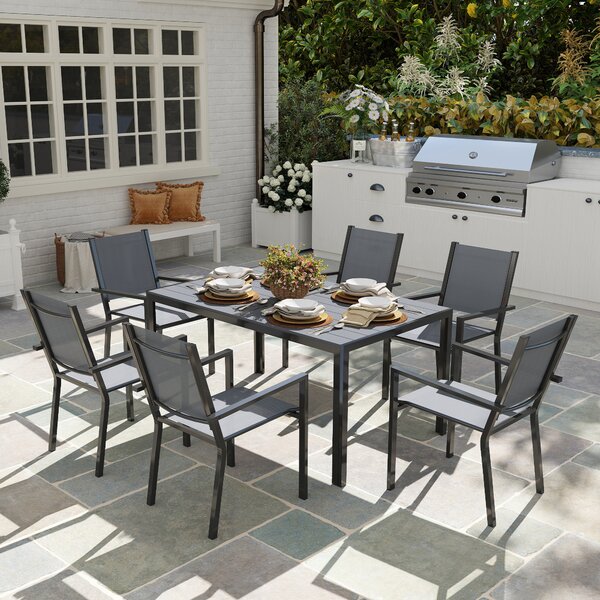 Set da Giardino con Tavolo Rettangolare e 6 Sedie Impilabili Traspiranti in Acciaio Grigio