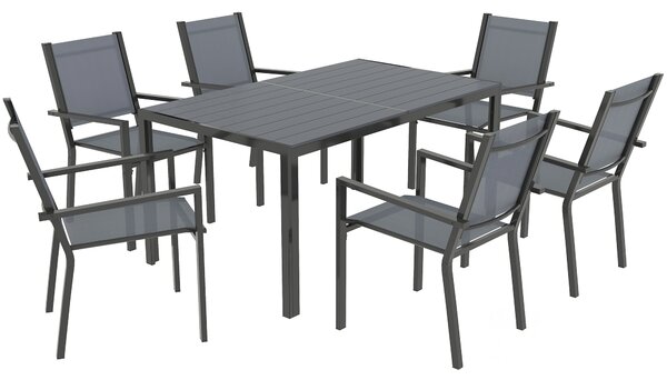 Set da Giardino con Tavolo Rettangolare e 6 Sedie Impilabili Traspiranti in Acciaio Grigio