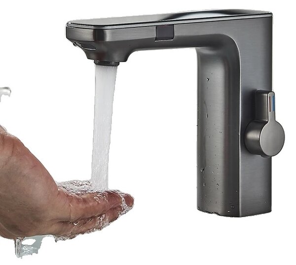 Miscelatore per lavabo a sensore intelligente, funzionamento touchless, robusta struttura in ottone, grigio canna di fucile