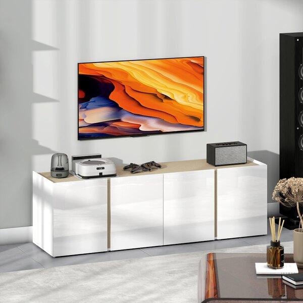 HOMCOM Mobile TV con 4 porte a chiusura ammortizzata, ripiano regolabile e passacavi, 135 x 38 x 45 cm, Bianco | Aosom Italy