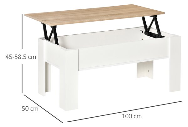 HOMCOM Tavolino con piano sollevabile, tavolino da soggiorno con spazio di archiviazione nascosto, stile moderno, per soggiorno, ufficio, 100x50x45cm, bianco | Aosom Italy