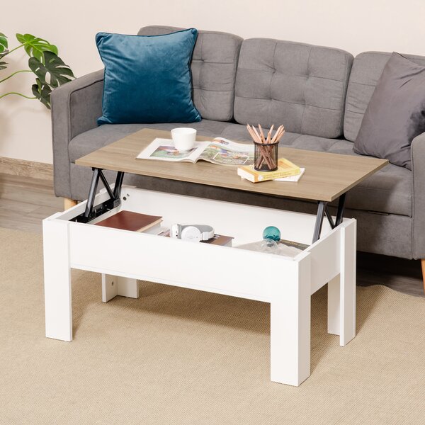 HOMCOM Tavolino con piano sollevabile, tavolino da soggiorno con spazio di archiviazione nascosto, stile moderno, per soggiorno, ufficio, 100x50x45cm, bianco | Aosom Italy