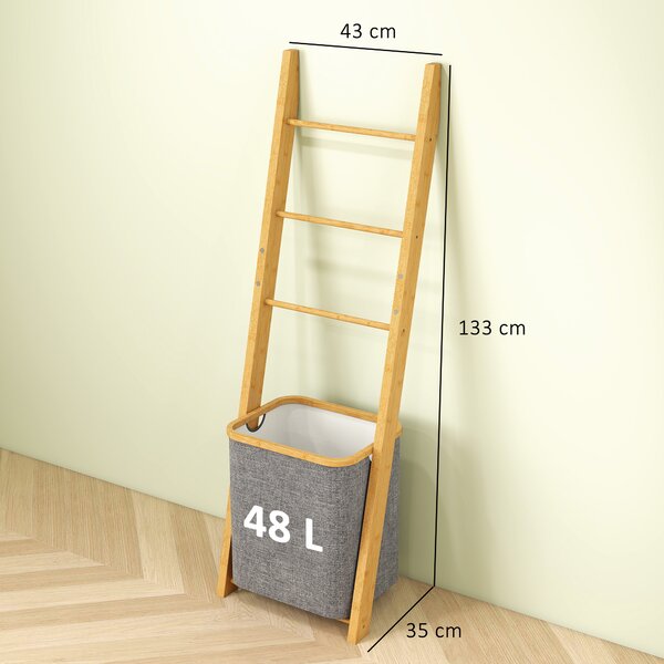 HOMCOM Mobile per Bagno in Bambù con Portasciugamani a 3 Barre e Cesto per Biancheria Sporca Estraibile da 48 L, Grigio | Aosom Italy