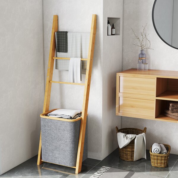 HOMCOM Mobile per Bagno in Bambù con Portasciugamani a 3 Barre e Cesto per Biancheria Sporca Estraibile da 48 L, Grigio | Aosom Italy